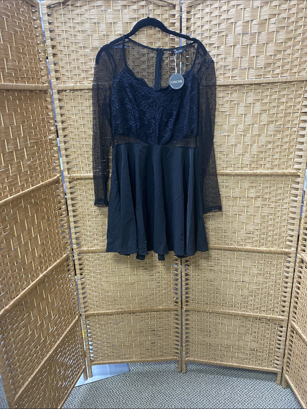 Chicme Black Lace & Sheer Long Sleeve Fit-and-Flare Dress